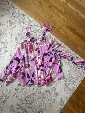 Worthington Pink Floral Tie-Shoulder Blouse